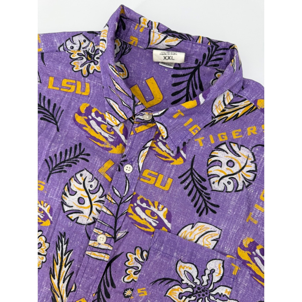 LSU Tigers Shirt Mens XXL Purple Floral Hawaiian Button Up Cotton Vacation - Picture 1 of 8